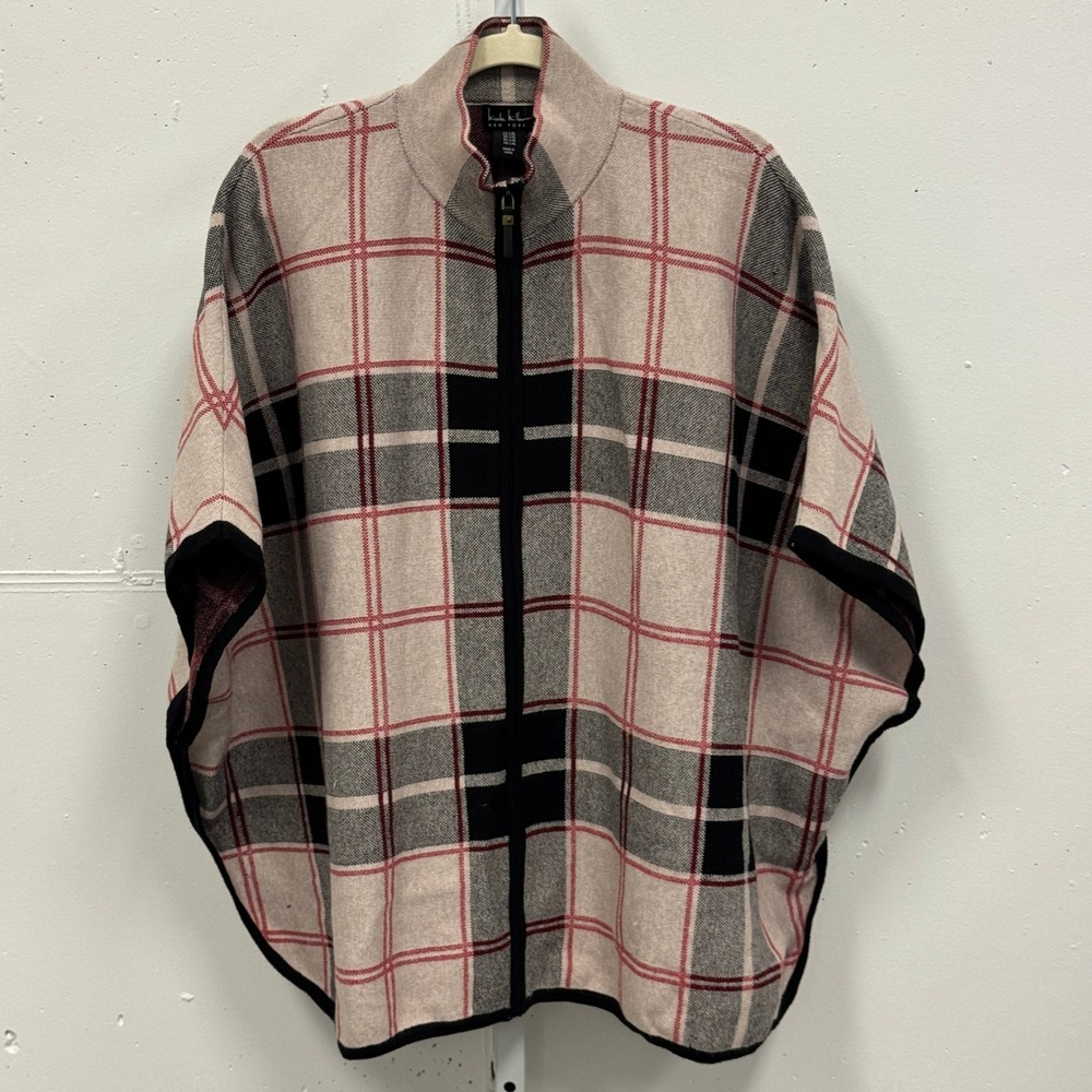 Nicole Miller New York Plaid Full Zip Poncho Cape Sweater Preppy Black Red L XL